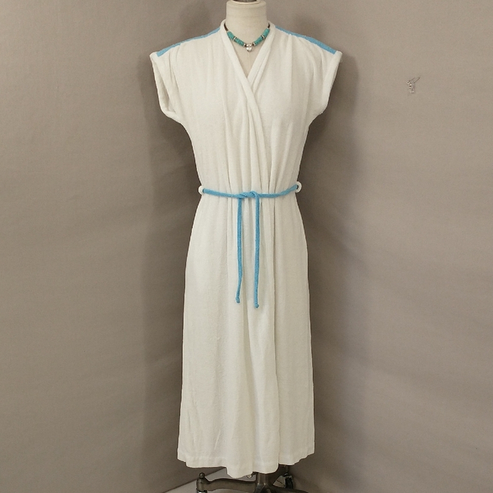 Vintage 70s Soft Terry Robe Long Wrap Authentic Seventies White w Cerulean Blue